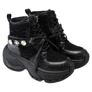 fed水钻时装靴冬季新款女靴高帮老爹鞋黑色厚底短靴女S1009-YA150