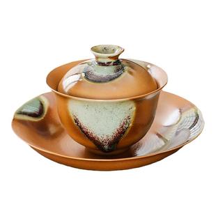 盖碗复古茶杯仿柴烧三才杯手工陶瓷敬茶杯带壶承托盘冲茶功夫茶具