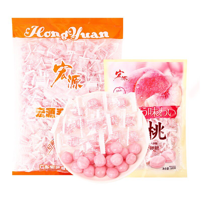 宏源白桃味果汁硬糖水蜜桃子味网红水果糖果结婚喜糖散装批发零食