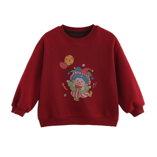 砚台家女童红色加绒卫衣冬装新款宝宝一体绒卡通儿童百搭薄绒上衣