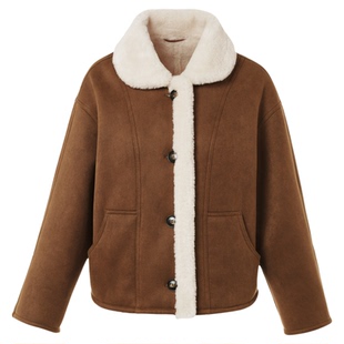 朗姿高智感保暖美拉德仿皮草外套时尚棕色上衣2025年冬季新款