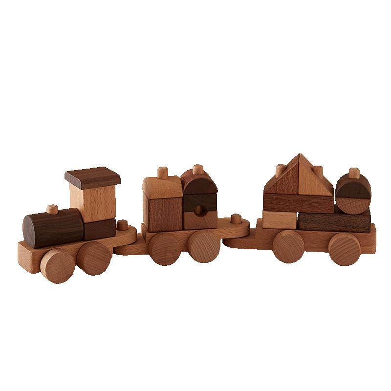 英氏火车玩具幼儿木头原木无漆小火车儿童实木制益智拼装榫卯积木