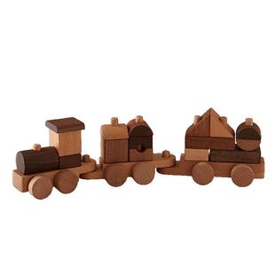 英氏火车玩具幼儿木头原木无漆小火车儿童实木制益智拼装榫卯积木