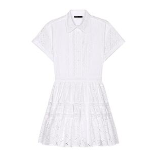 Maje2025春夏女装法式时尚白色镂空花纹刺绣翻领短款收腰连衣裙