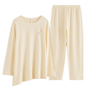 康妮雅纯棉睡衣春秋款女2026新款斜下摆长袖长裤套装家居服可外穿