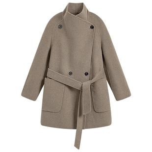 KBNE2025冬季高级感山羊绒宽松通勤中长款双面呢收腰毛呢大衣外套