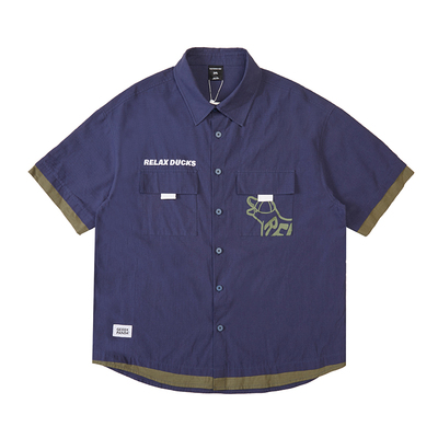 韦恩泽维尔大码男装加肥加大宽松珠帆格印花假两件短袖衬衫男8677