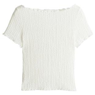 HM女装T恤夏季波嬉风穿搭一字肩修身皱感短袖上衣1273062