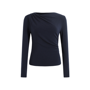NON RESTRAIN高级气质通勤打底上衣女收腰显瘦褶皱长袖针织T恤衫