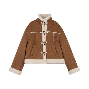 [张元英同款]ROLAROLA春新款仿皮毛一体巴恩风外套女翻领夹克