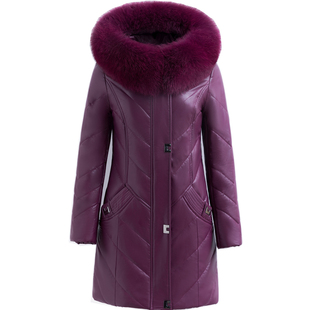 海宁皮衣冬季新款中老年真皮羽绒服女中长款大码修身妈妈皮外套厚