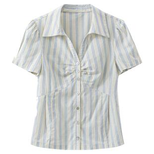 【夏末】夏季韩系漂亮好看上衣蓝色v领条纹泡泡袖收腰衬衫女