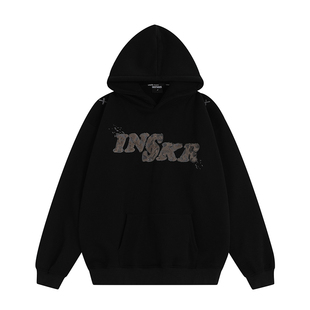 INSstudios 国潮牌情侣美式毛绒贴布绣LOGO卫衣宽松加绒连帽衫男