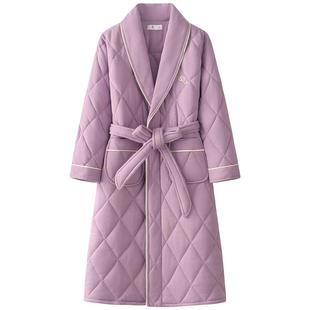 三层夹棉睡袍女冬纯棉加厚长款大码浴袍纯色大衣女外套睡衣家居服