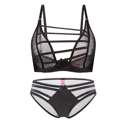 HB斜烫钻绑带舒适网纱文胸套装