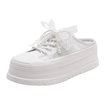 哈森休闲包头拖鞋女2025夏季新款厚底珍珠透气小白鞋HCM253203