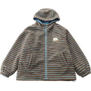 初中生冬季连帽羊羔毛外套可爱条纹抗静电厚实保暖绣花青少年棉服