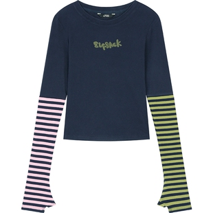 妖精的口袋条纹撞色拼接长袖t恤女2026春新款修身底衫内搭打上衣