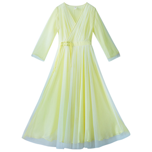 现货【芳菲腊梅】复古中式交领大摆连衣裙女秋季收腰网纱仙气长裙