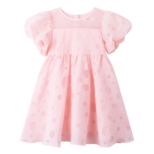 安奈儿女童装圆领短袖连衣裙夏季款网纱泡泡袖蝴蝶结公主裙子