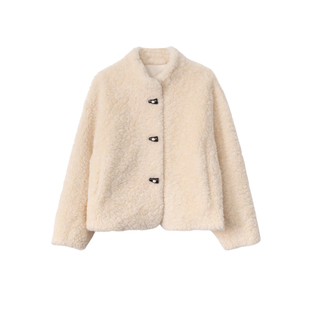 ENJOYME商场同款慵懒风毛毛外套女短款冬季高级感立领牛角扣上衣