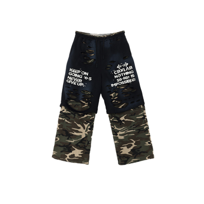 CBXLAB街舞潮牌迷彩假两件破洞印花嘻哈裤拼接撞色做旧高街感长裤