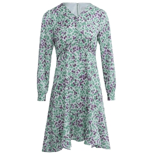 PRICH法式茶歇田园碎花收腰长袖连衣裙休闲淡雅气质度假裙子女