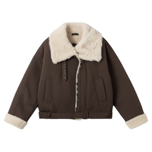 咖色大翻领牛角扣毛毛拼接短外套女冬季新款加厚保暖宽松棉服上衣