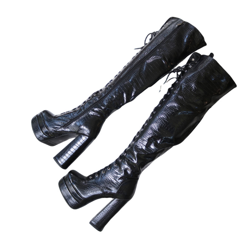 系带粗跟超高跟长筒靴恨天高过膝长靴蛇纹方头厚底显瘦CD大码15CM