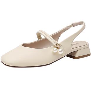 大东后空凉鞋女鞋2026春新款舒适方头珍珠粗跟透气爆款单鞋0007