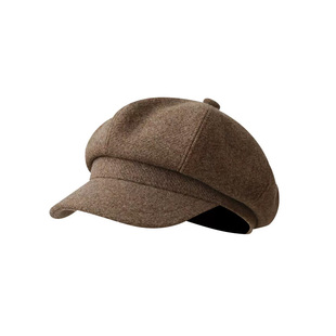 秋冬大帽顶纯色八角帽女高级感灰色厚款毛呢贝雷帽气质复古报童帽