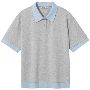 热风2025年夏季新款女士拼领poloT恤拼色街头休闲短袖上衣女款