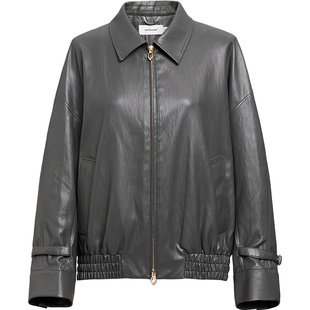 红袖商场同款HOPESHOW2025秋新款女装复古落肩长袖翻领PU皮短外套