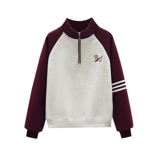 山东即墨加绒加厚纯棉立领卫衣女秋冬宽松半拉链卡通刺绣拼色上衣