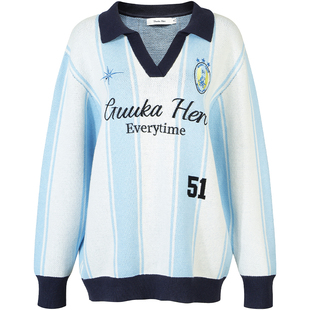 GUUKAHERO浅蓝色条纹球衣翻领毛衣秋冬女 学院风慵懒宽松针织上衣