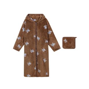 馨帮帮Homedress 蝴蝶结印花连帽睡衣女秋冬珊瑚绒柔软舒适长睡袍