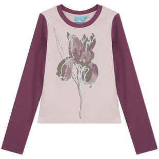 化学少女「柏林花事」印花休闲长袖T恤女春复古圆领正肩撞色上衣