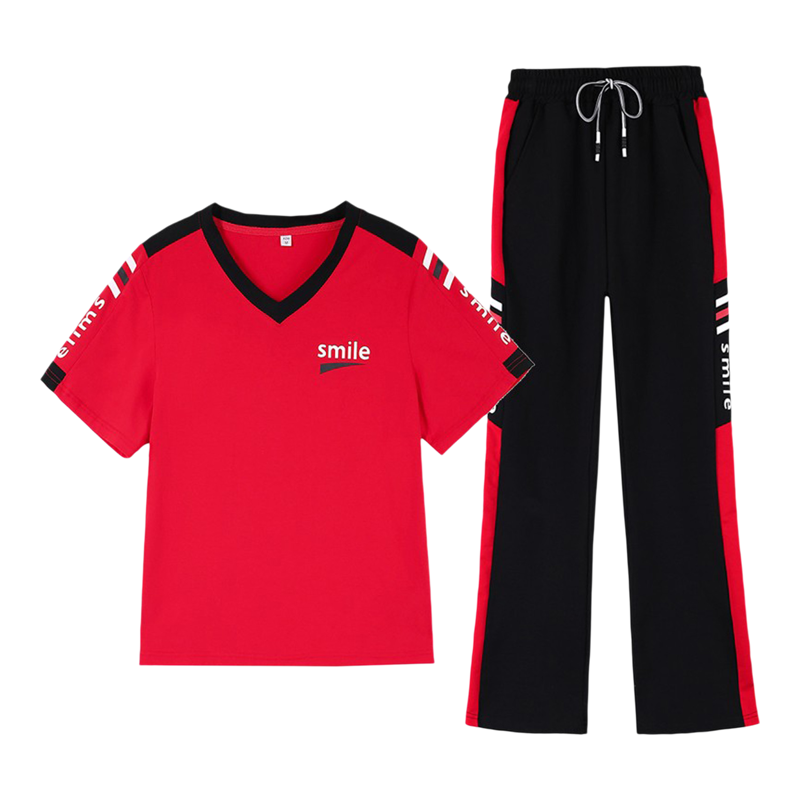 V领纯棉广场舞运动服套装女夏季