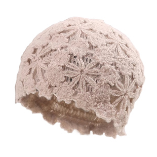 日系小众文艺蕾丝花朵镂空包头帽女甜美时尚保暖针织毛线帽瓜皮帽