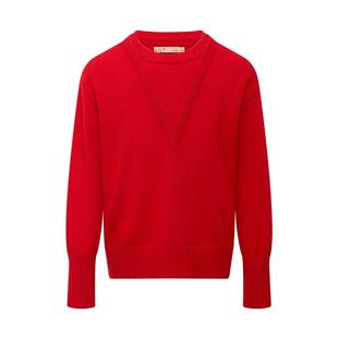 LILY2025冬新款羊毛混纺复古假两件休闲落肩套头红色针织衫毛衣女