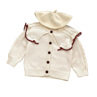 26韩版女童外套春秋新款女宝宝针织开衫花苞裤套装冬装毛衣外出服