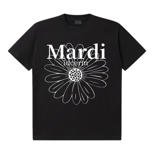 idcerem Mardi小雏菊短袖黑粉菊花t恤女夏季韩系休闲圆领宽松上衣