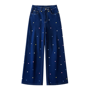 300斤大码胖mm彩色碎花刺绣牛仔裤春秋复古阔腿裤子女宽松休闲裤