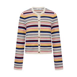 LILY2026春新款纯棉撞色彩色条纹休闲圆领正肩长袖针织开衫外套女