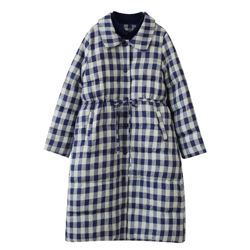 文艺双领格子长款羽绒服女冬季