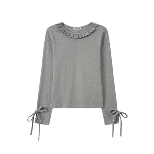 奶油的宇宙 绑带捏褶花边波点内搭长袖T恤女早秋修身绝美短款上衣