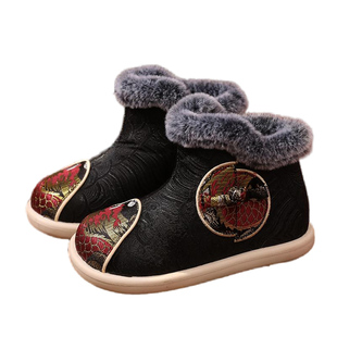 儿童汉服鞋冬款加绒男童拜年鞋古风手工绣花鞋小男孩保暖棉鞋布鞋