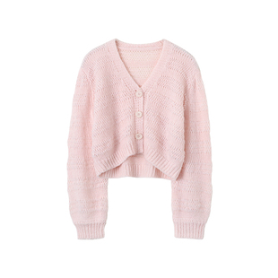 「现货」韩雨嘉v领镂空毛衣开衫女秋慵懒风短款马海毛针织外套