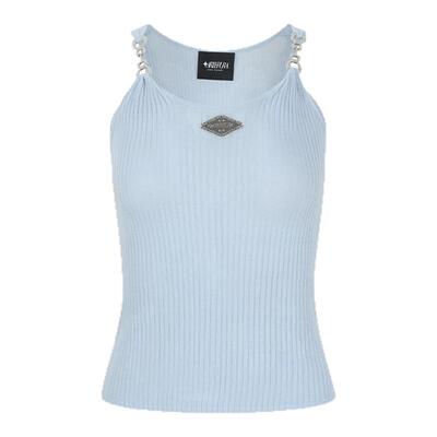 蓝色珍珠马鞍扣肩带吊带背心上衣