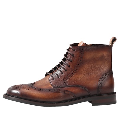 复古风布洛克真皮雕花圆头工装靴